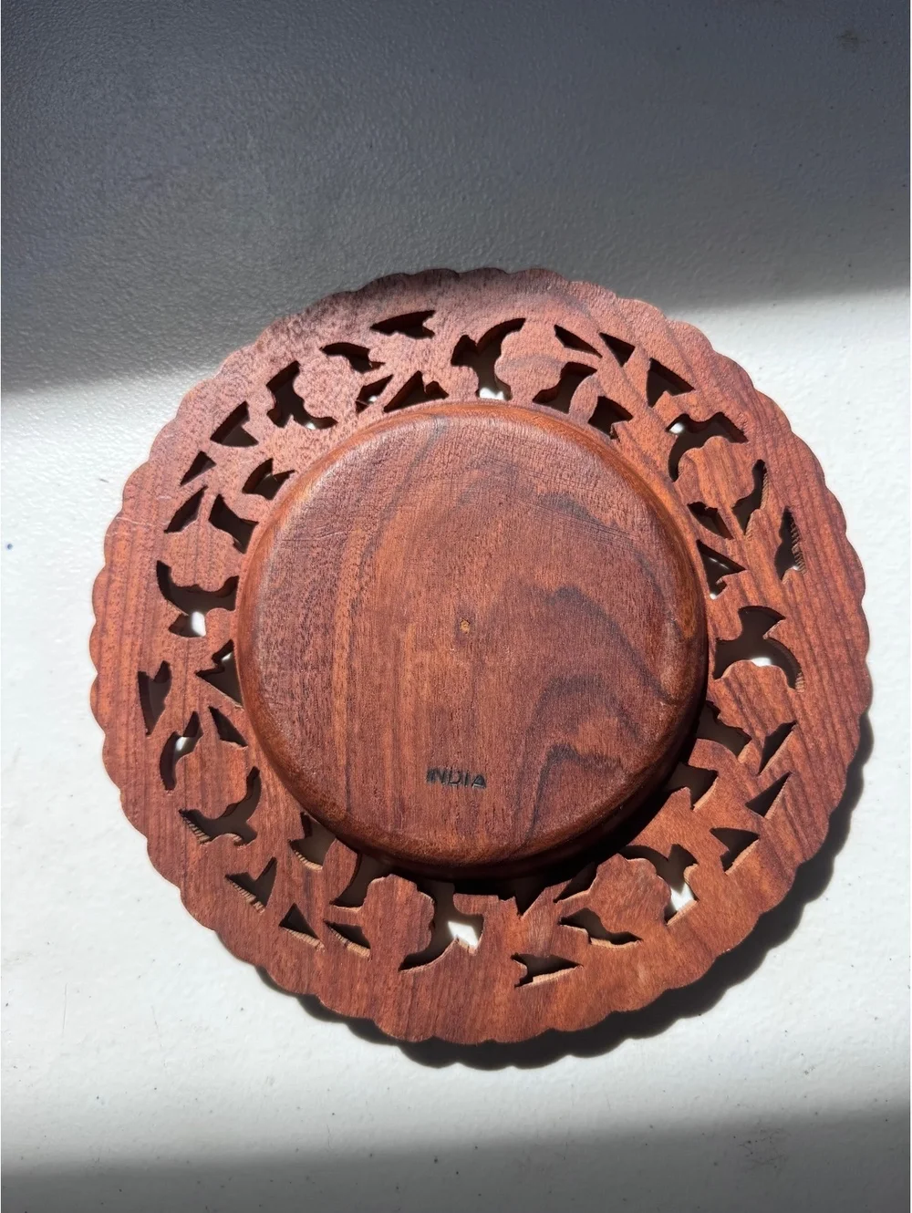 Vintage India Hand Carved Wood Bowl 8” Floral Openwork Pierced Trinket Dish